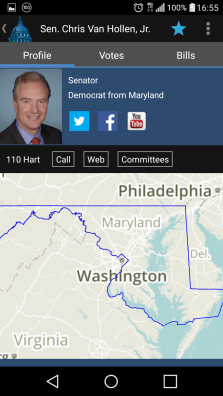 The app also shows you a district map, contact numbers, a link to the congressman's website and a shortcut to see what committees they serve on.